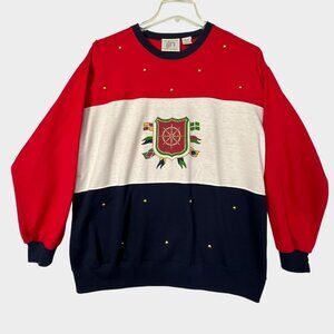 Vintage Jack Mulqueen Sweatshirt Womens Large Nautical Yacht Pullover Red Blue